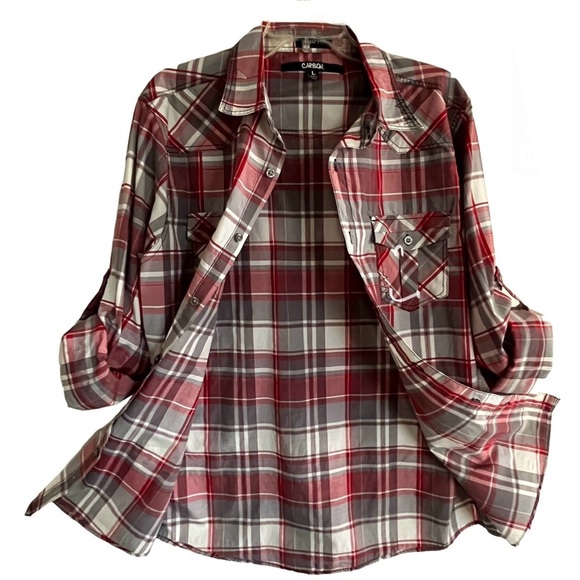 Carbon Plaid Women’s Slim Fit Roll-Tab Sleeves Button Down Collared Perfect NWOT - Picture 14 of 16